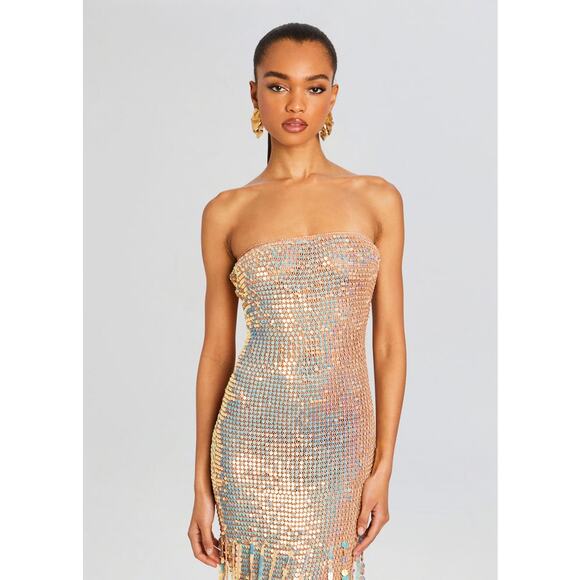 NWT RETROFETE Tan Tera Ballerina Colorway Sequin Fringe Crochet Dress Size M - Picture 7 of 11